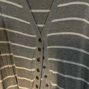 Gray snap cardigan with white stripes